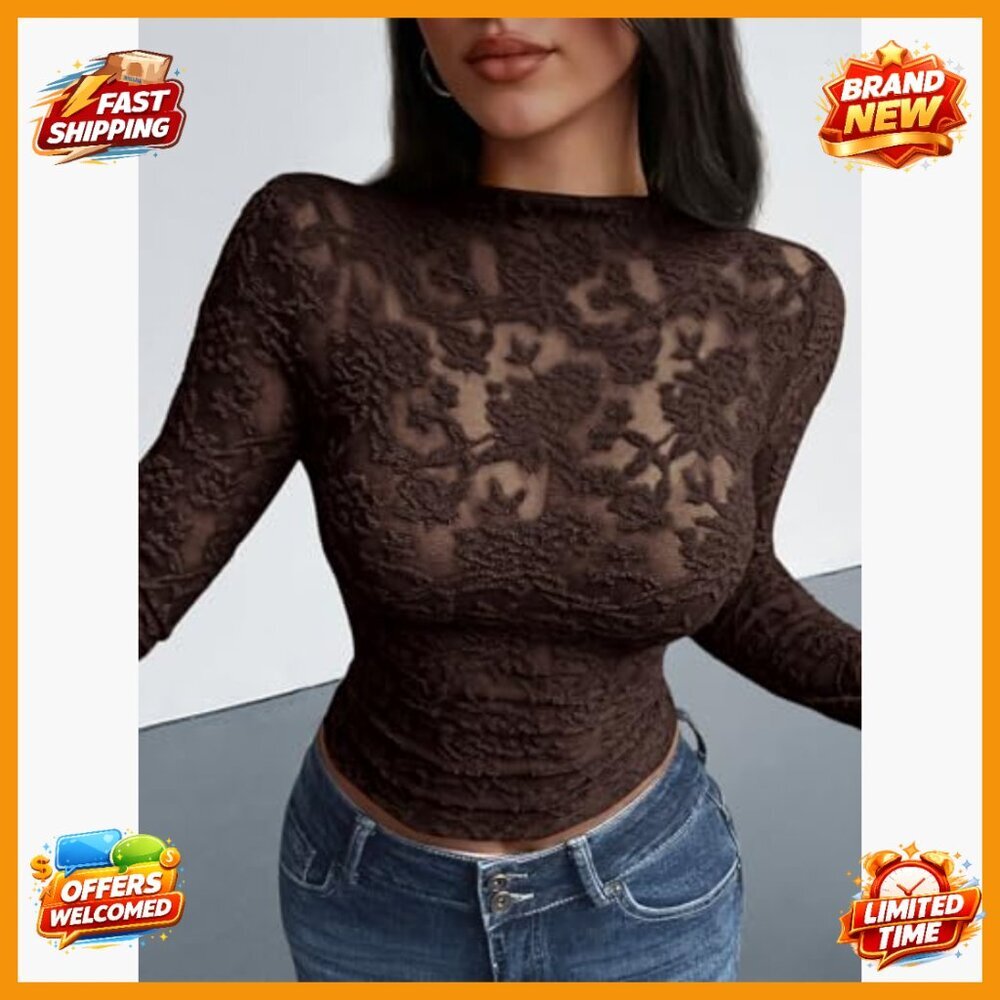 Mesh Long Sleeve Lace Top Slim Fit Crew Neck Sheer Party Club - Picture 5 of 7